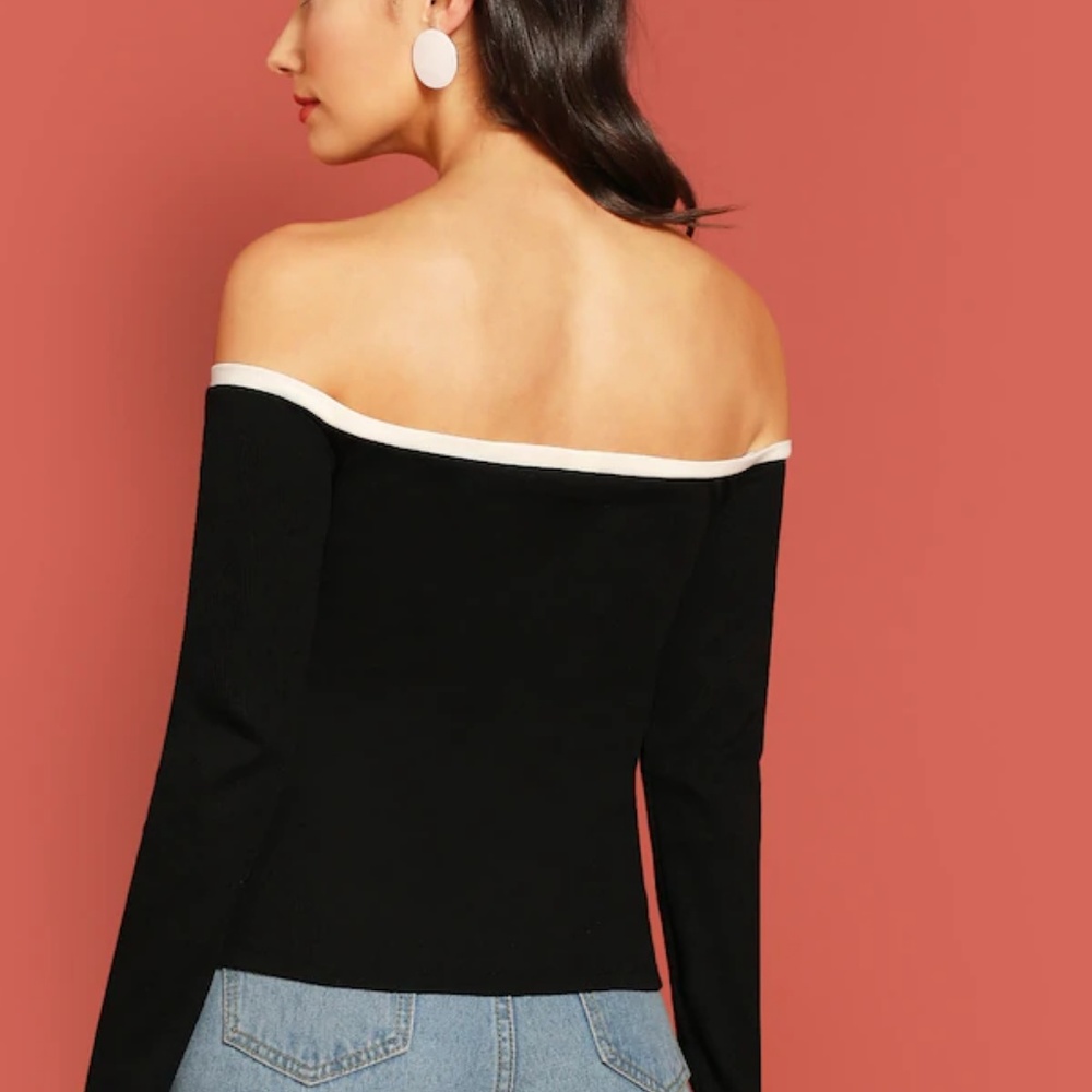 Off Shoulder Button Front Rib-Knit Tee - Picture 3 of 5